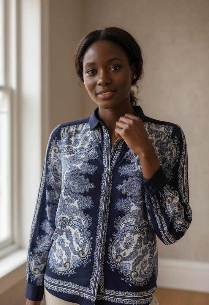👔 Chemise motifs cachemire bleu marine & ivoire Taille 34 🌸