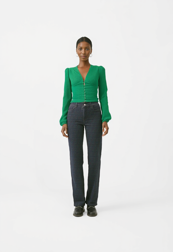 Top court vert à boutons, manches longues texturées Taille 34 💚✨