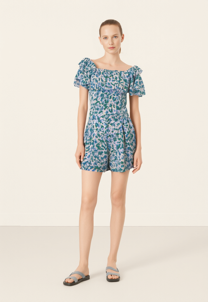 Ensemble fleuri  – Top bardot volanté & short assorti Taille 34 (Neuf) 💙💚