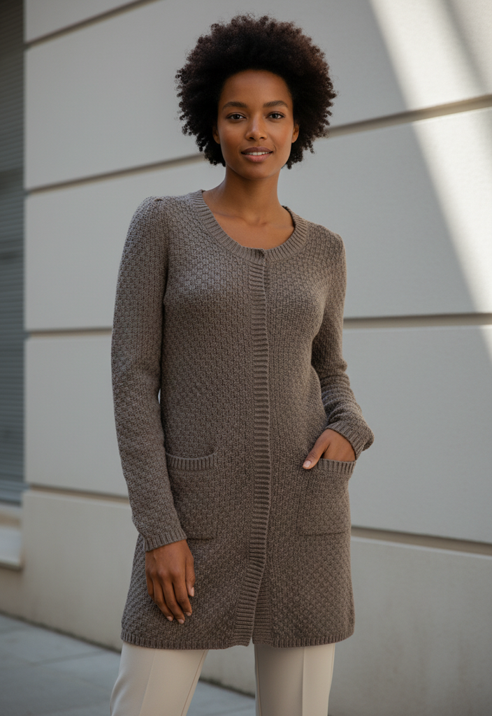 🧶 Gilet long en maille – Élégance décontractée gris Taille 38 ✨