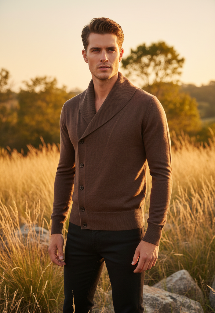 ✨🧥 Gilet en Laine Mérinos Col Châle Marron L ✨