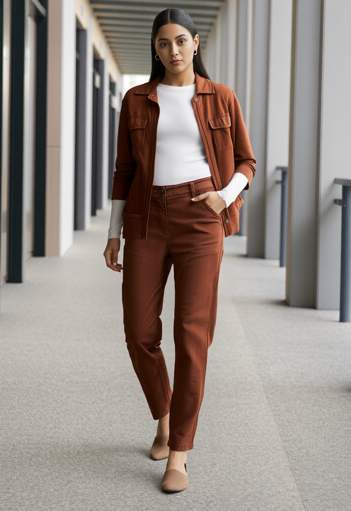 👖 Pantalon Perfect Shape coton stretch – Marron brique Taille 40 🍂✨