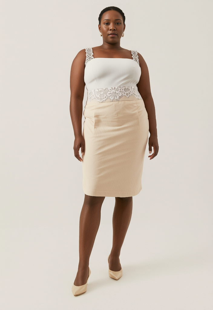 Jupe crayon en lin & dentelle écru – Taille 44 ✨🌿