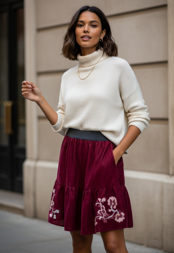 🌺 Jupe velours bordeaux à fleurs brodées – Taille 38 🌺
