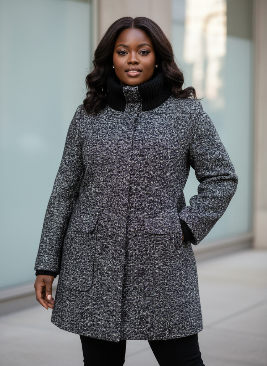 🖤🤍 Manteau Chiné 3/4 Doublé Noir & Blanc – Taille 42