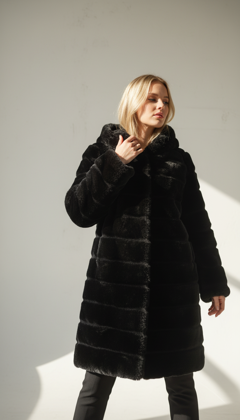 🖤 Manteau fausse fourrure noir à capuche – Taille 38 🐾✨