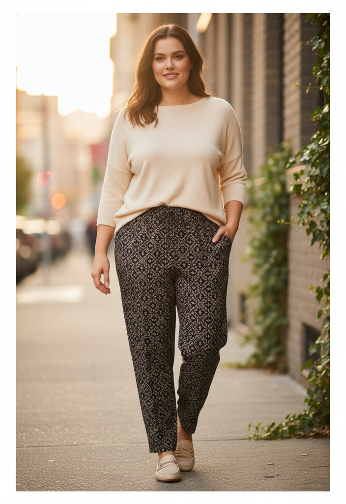 🖤 Pantalon droit à motifs  –  confort en lin Taille 46 🌿✨