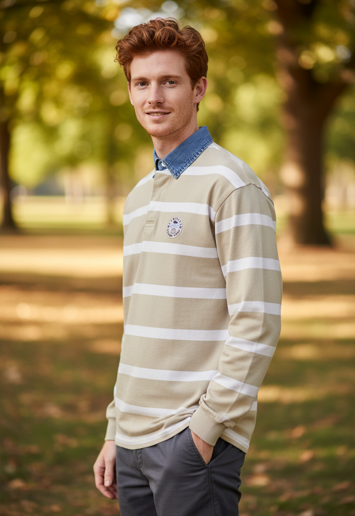 🧥 Polo rayé col en jean  – Élégance décontractée Taille XL 🇫🇷