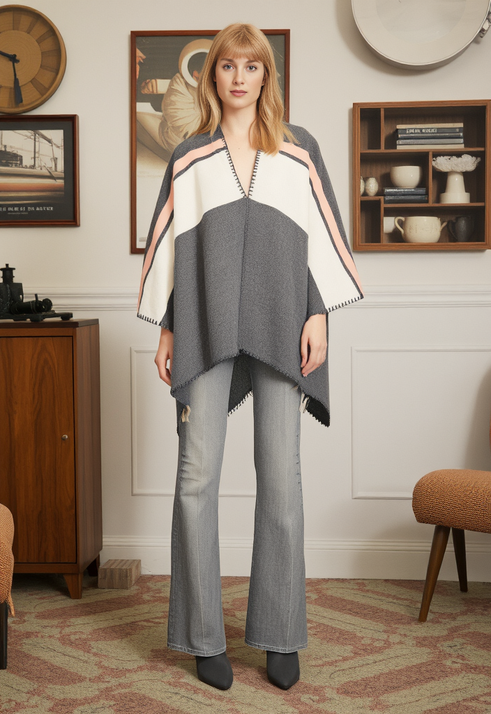 🧣 Poncho oversize à rayures 🖤🤍💗 | Taille unique