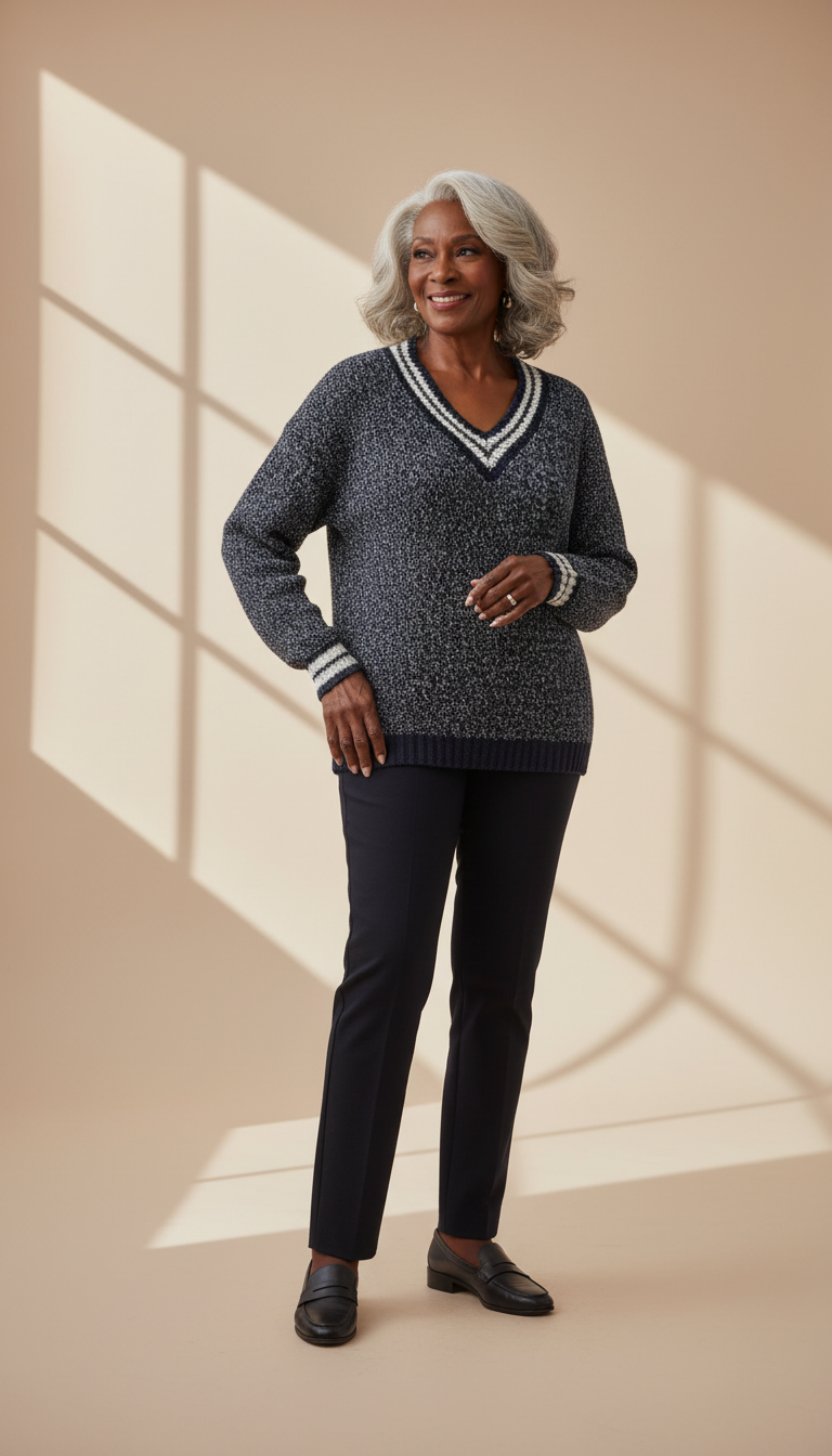 🧶 Pull navy & blanc col V – Effet brillant Taille 38