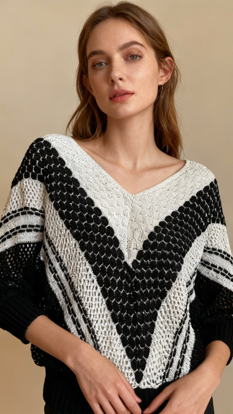 🖤 Pull ajouré graphique noir & blanc – Taille 38 🖤