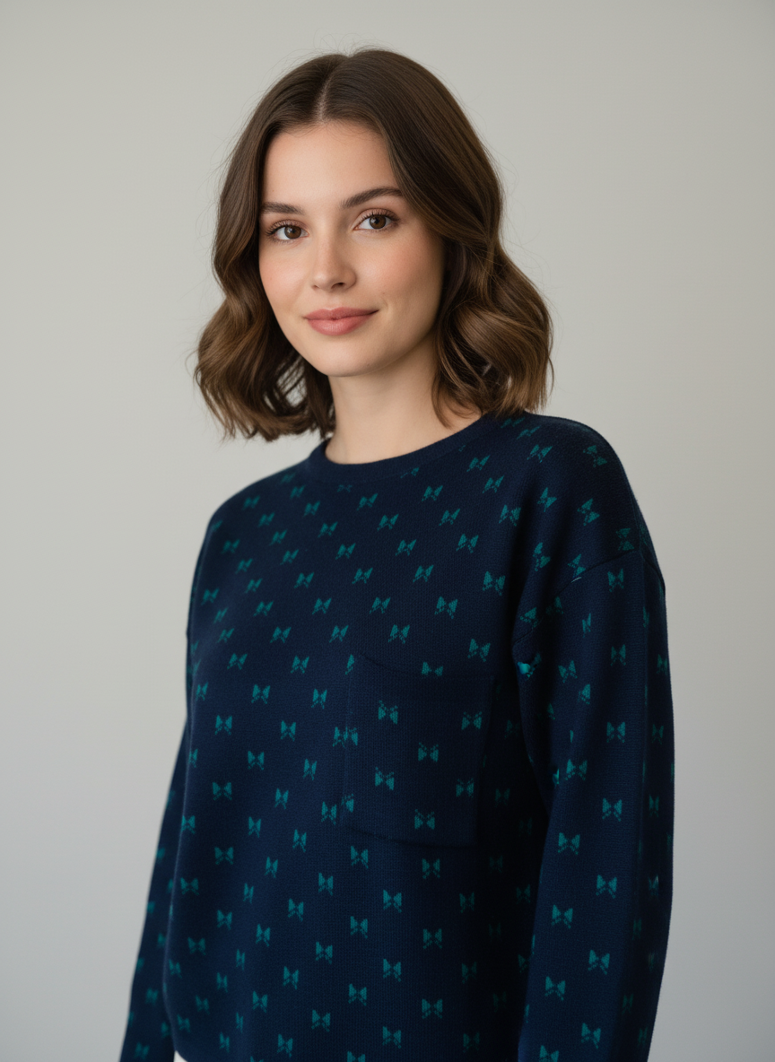 🧶 Pull Vintage en laine motifs nœuds Taille 42 🎀💙💚