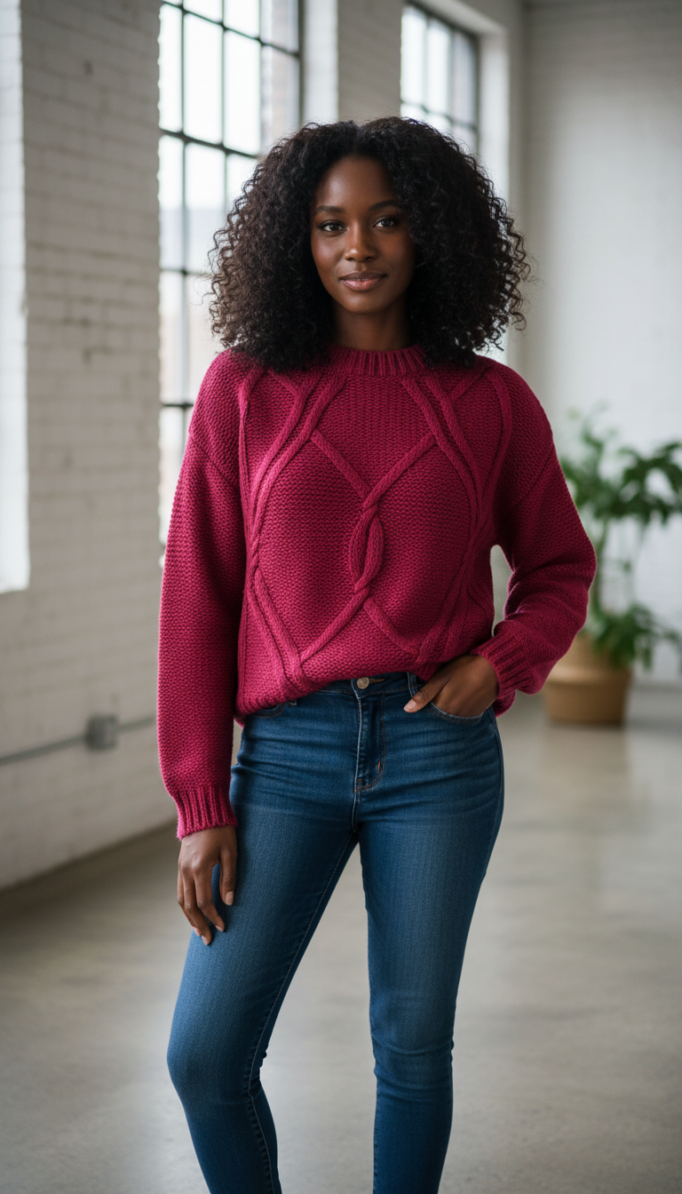 🌺 Pull framboise à franges maille torsadée Taille 40