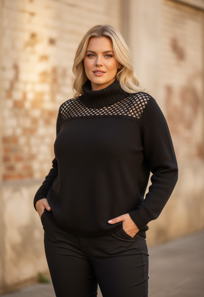 🖤 Pull ajouré col roulé – Taille 44 ✨🧶
