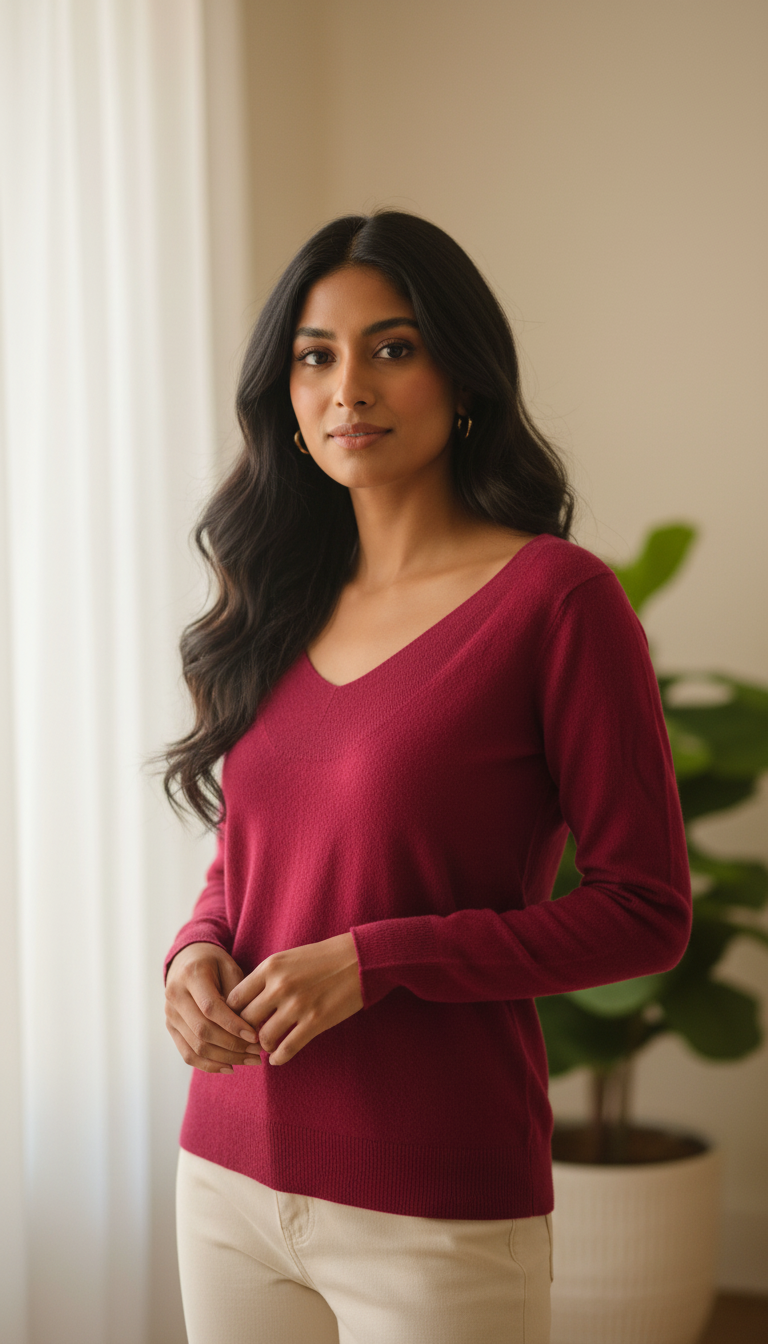 ✨ Pull col V fuchsia laine & cachemire Taille 38 ✨