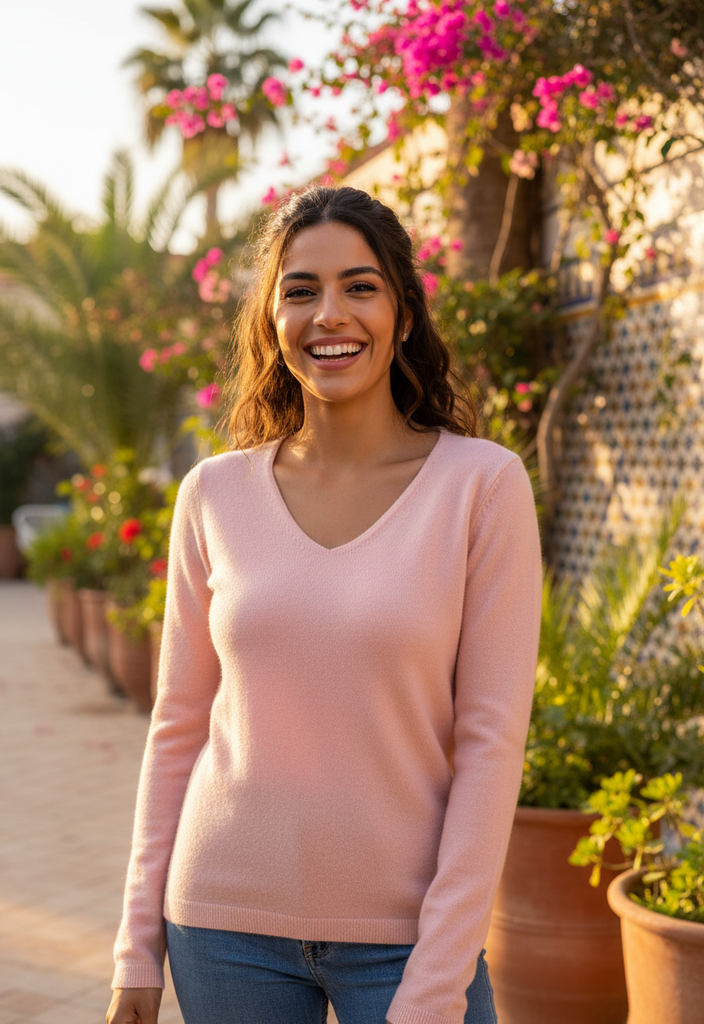 Pull en cachemire rose poudré 💕 col V – Taille 36
