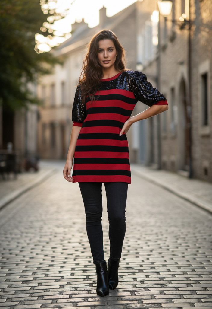 ❤️🖤 Pull tunique Rayé Rouge & Noir à Sequins et Nœud Dos Taille 40