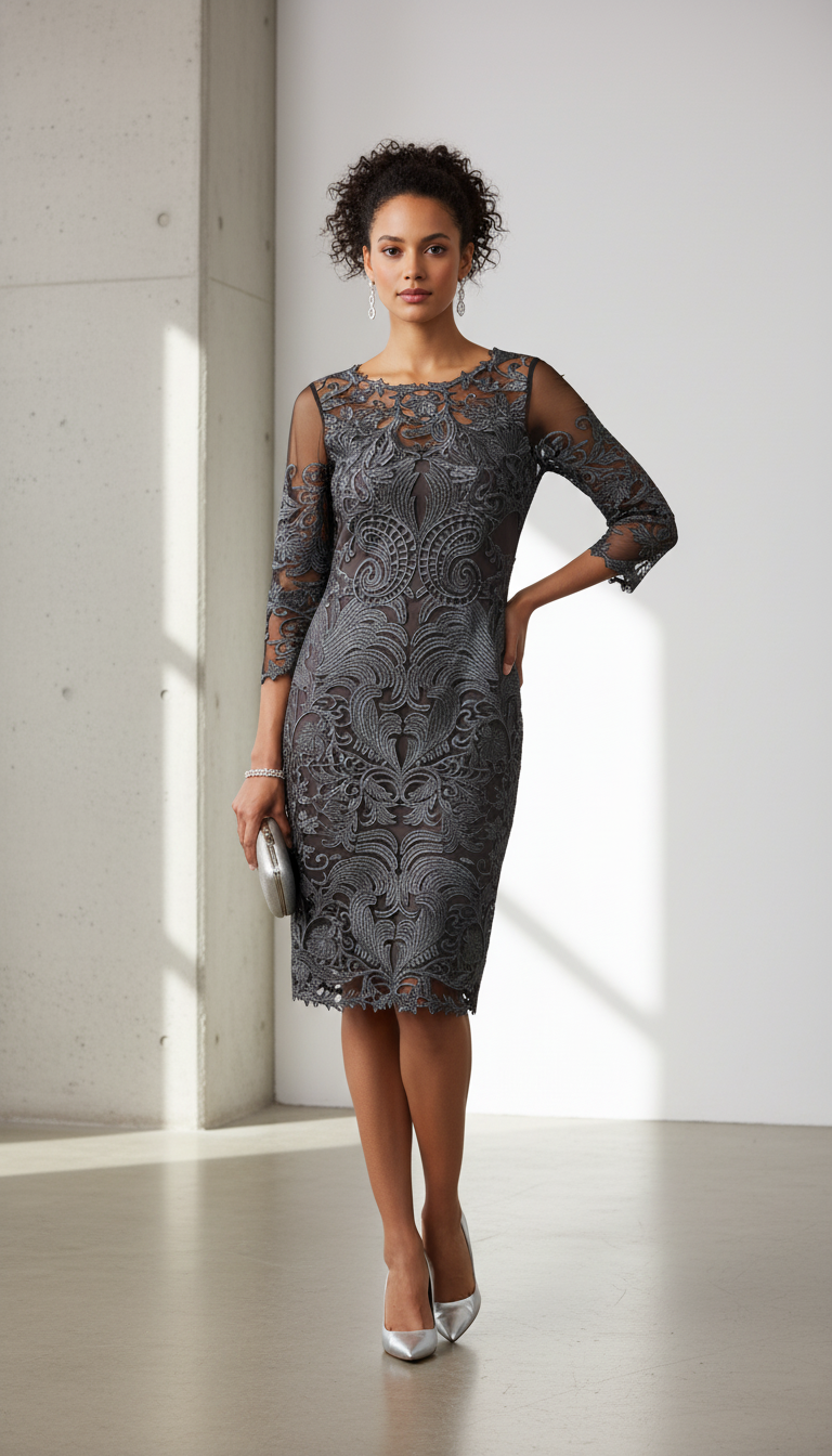 🤍 Robe Couture Argent Foncé – Dentelle Brodée Taille 36✨