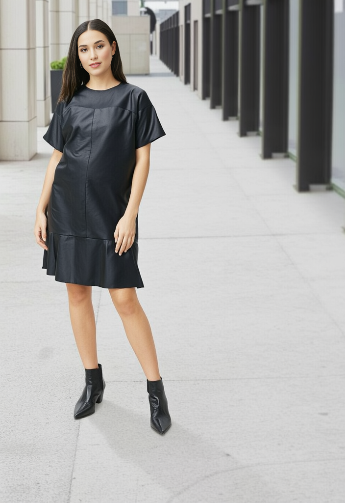 🖤 Robe noire bi-matière cuir & tissu – Style chic rock Taille 40 🖤✨