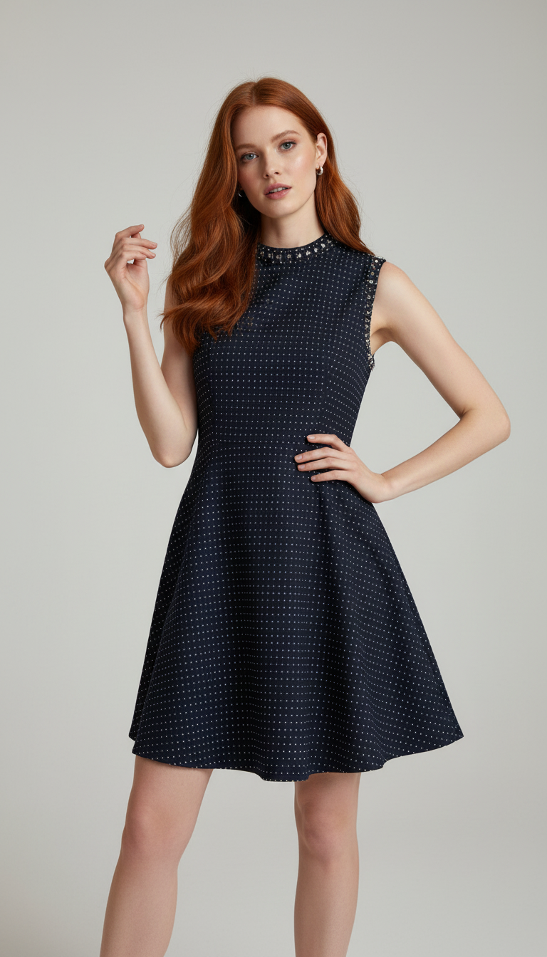 💫 Robe bleu marine à pois & col clouté – Taille 38 👗✨