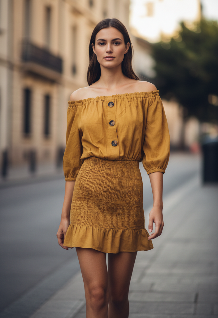 🌻 Robe courte col Carmen – Style bohème Taille 36 💛✨