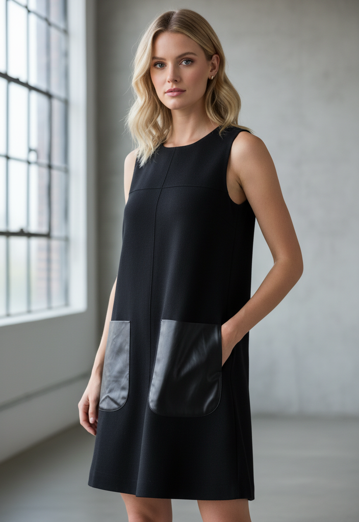 🖤 Robe trapèze noire – Détail poches effet cuir Taille 34 ✨