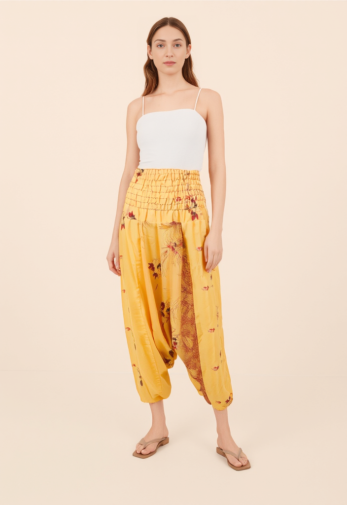 🌼 Sarouel en Soie Recyclée Fleuri Jaune – Taille 38 🌿