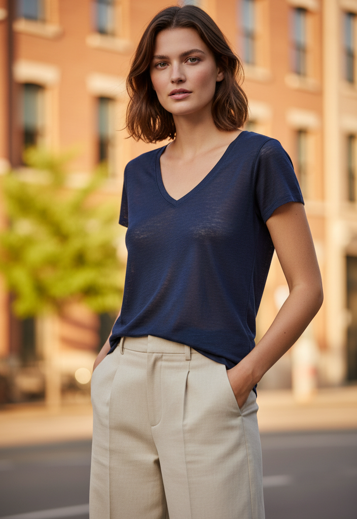 💙 Tee-shirt pailleté oversize en lin – Taille 34✨🌿