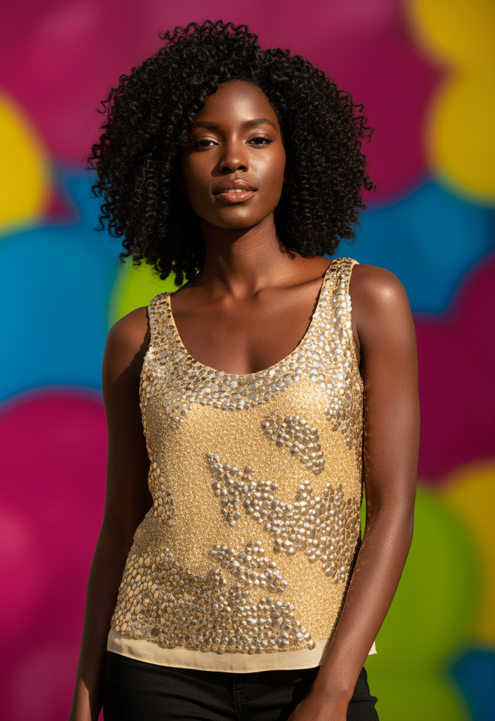 ✨ Débardeur de soirée perlé en soie dorée – Taille 40 ✨