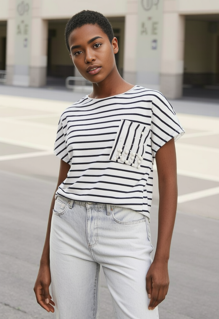 T-shirt rayé blanc et noir à poche perles – Taille 36 🌟