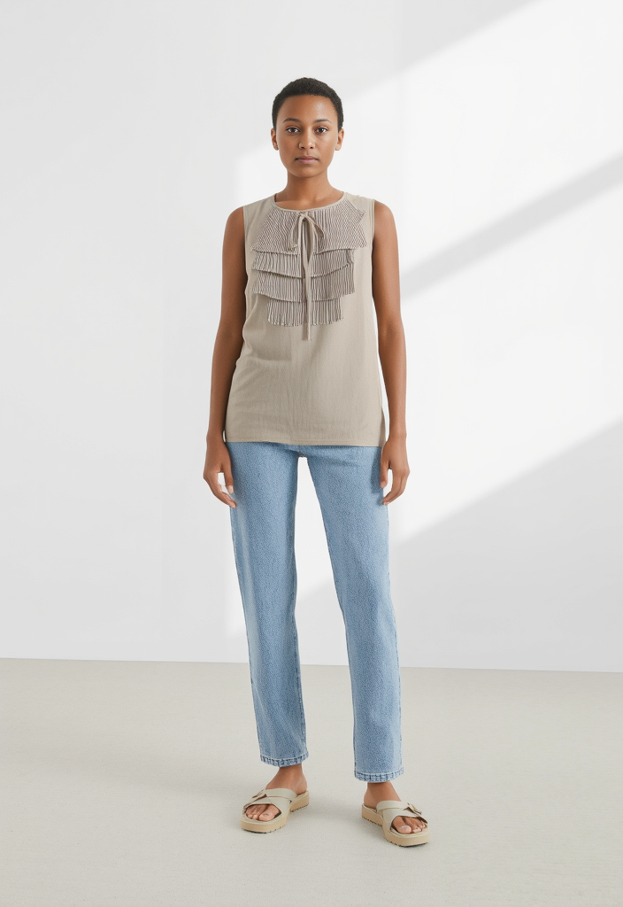 Top sans manches à volants plissés nude – Taille 34 ✨