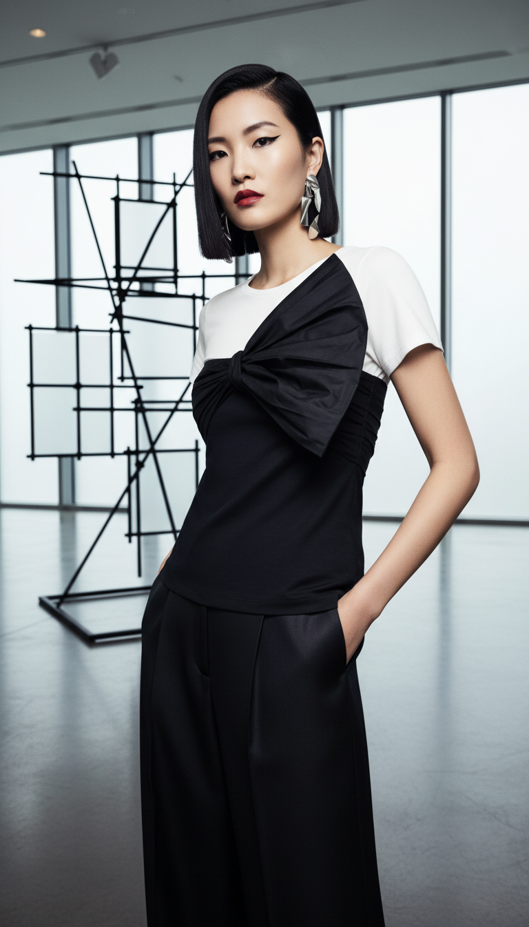 🖤 Tee-shirt nœud bicolore – Élégance italienne Taille 34 🤍