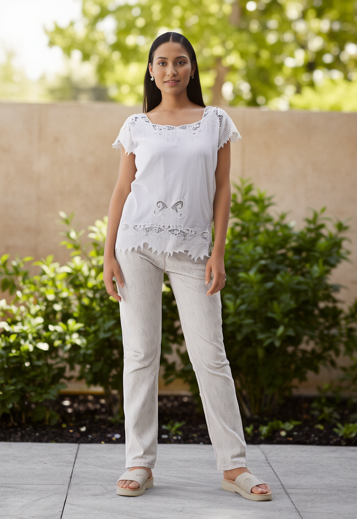 ✨ Top blanc en viscose & guipure ajourée – coupe fluide T42 🌿🤍
