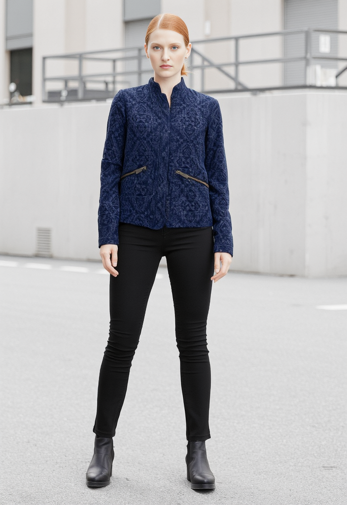 Veste jacquard bleu marine zippée, col rond – Taille 38 ✨