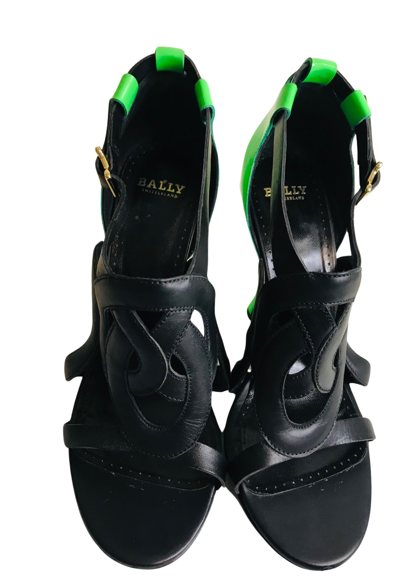 💚👠 Sandales compensées bicolores vert et noir en cuir verni – Taille 40.5  ✨