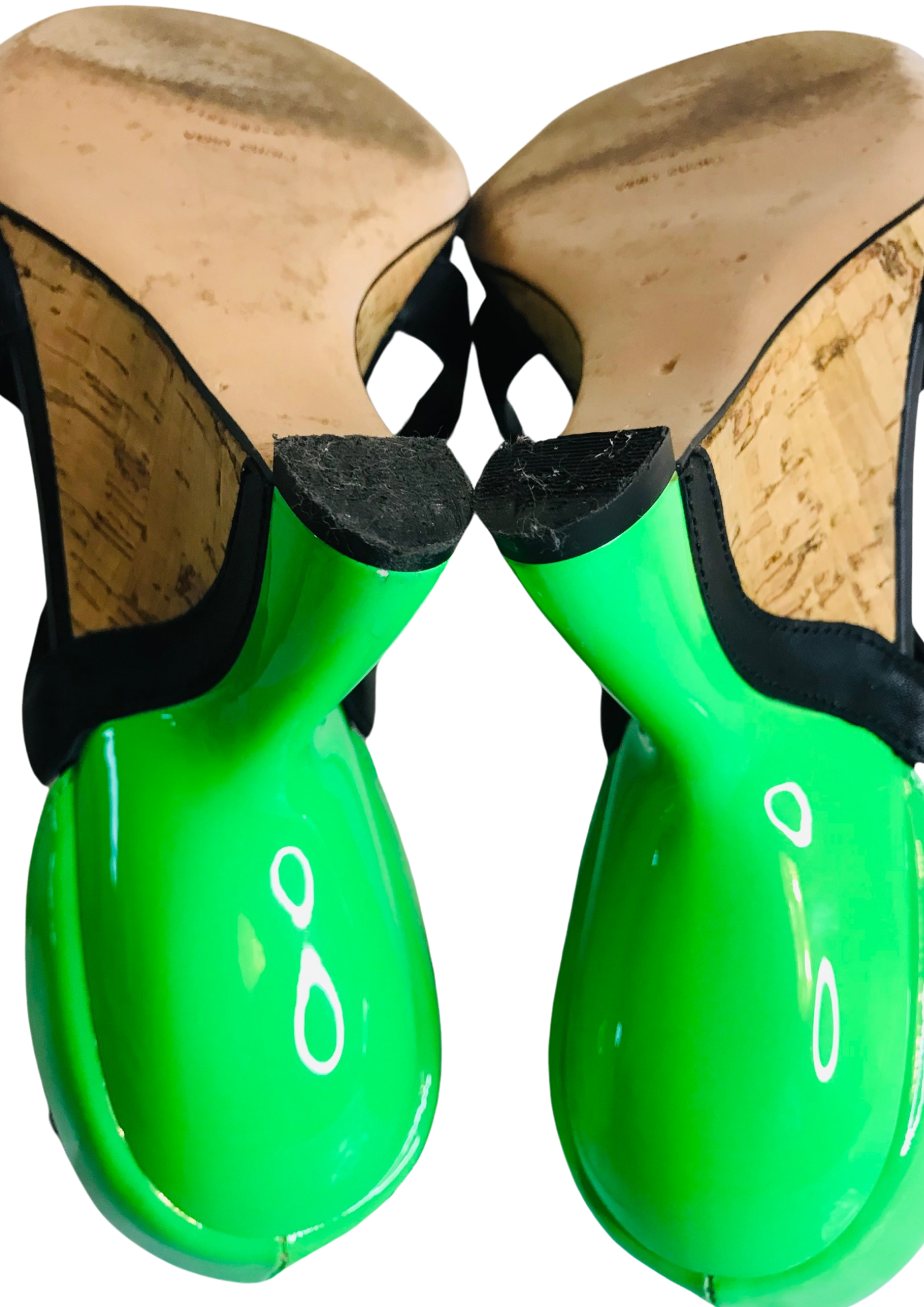 💚👠 Sandales compensées bicolores vert et noir en cuir verni – Taille 40.5  ✨