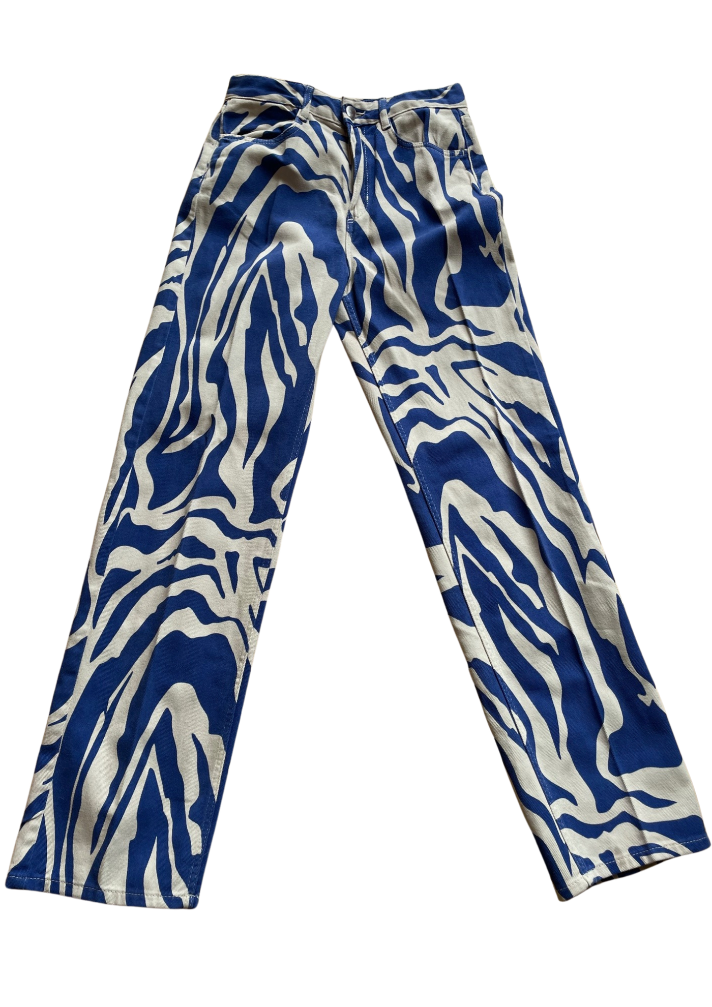 🌟 Pantalon à imprimé zébré bleu et blanc Taille 34 🌟