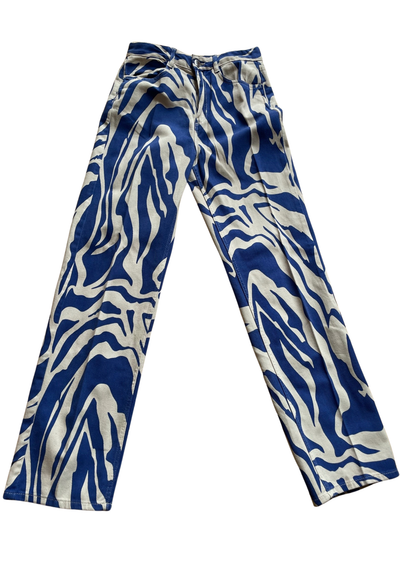 🌟 Pantalon à imprimé zébré bleu et blanc Taille 34 🌟