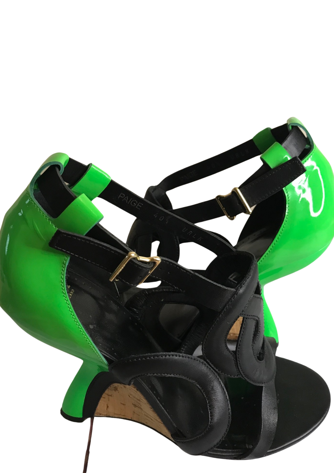 💚👠 Sandales compensées bicolores vert et noir en cuir verni – Taille 40.5  ✨