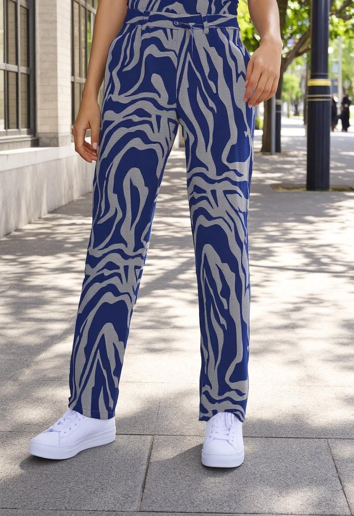 🌟 Pantalon à imprimé zébré bleu et blanc Taille 34 🌟