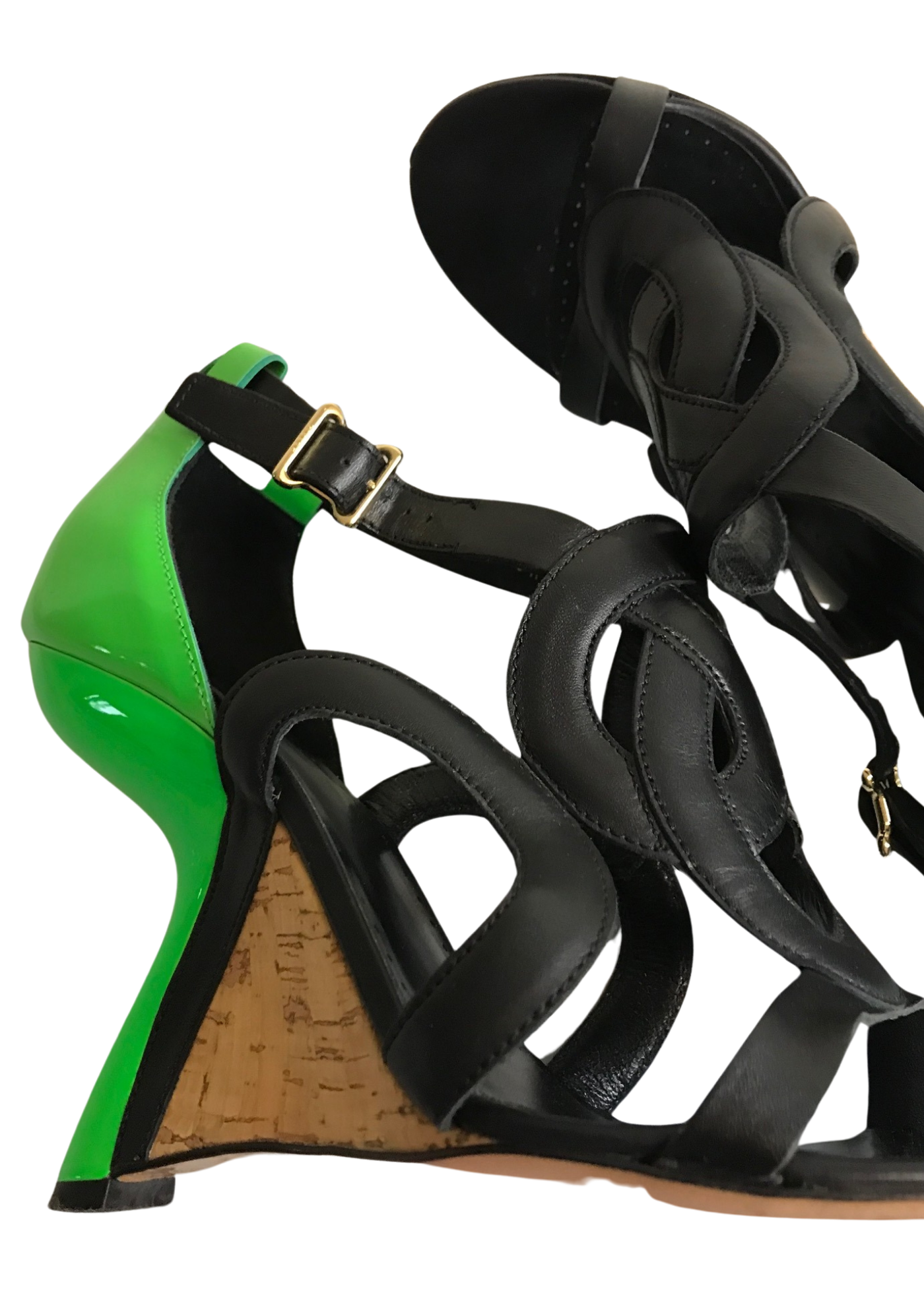 💚👠 Sandales compensées bicolores vert et noir en cuir verni – Taille 40.5  ✨