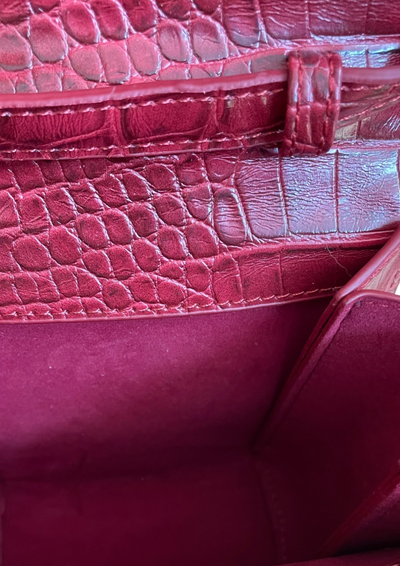 👜 Mini Sac Bordeaux Croco – Poignée Boule Résine Ambrée ✨